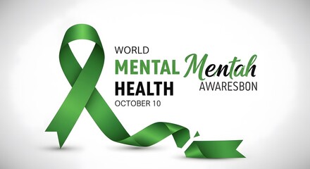 Green ribbon for mental health awareness with text and date on white background