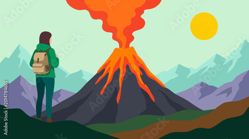 Quadro su tela Minimalist illustration of a hiker observing an erupting volcano