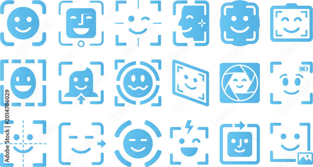 Fototapeta premium Blue face recognition icons showing smiling faces in camera frames for security and identification.