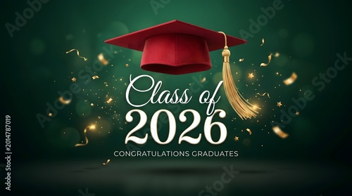 Graduation cap with golden tassel and class of 2026 text on dark green background high quality professional
