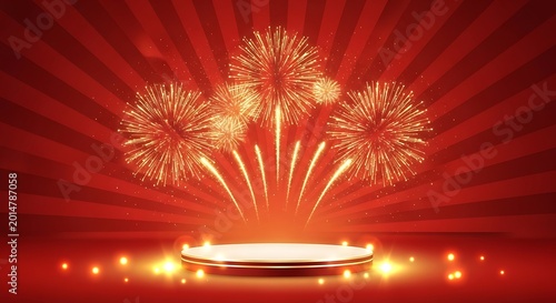 Chinese New Year celebration background with soft golden fireworks and sparkling particles on a red gradient backdrop