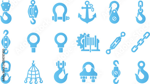 Photos Collection of blue industrial crane and lifting equipment icons for construction and shipping on white background vector