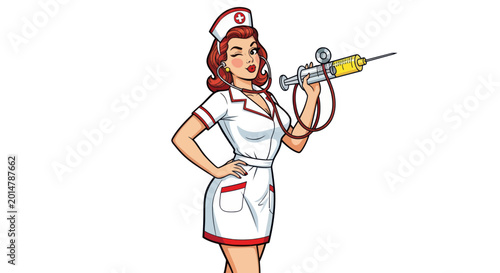 Bild auf Leinwand Retro Nurse with Syringe and Stethoscope, Pin-up Style, Winking
