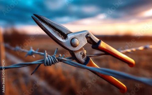 Metal Shears Cutting Barbed Wire on Fence at Sunset