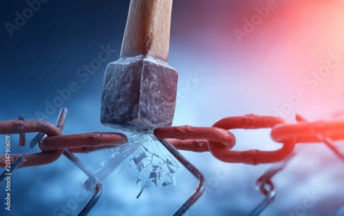 Hammer Breaking Chain Link Through Fence with Impact and Force