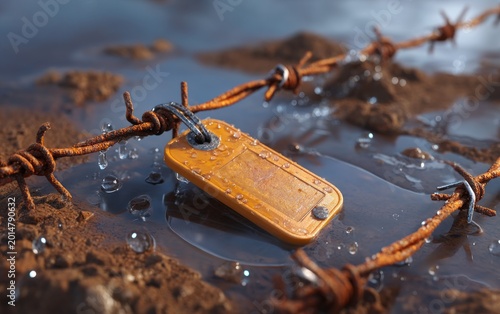Floating rusted key on water amid debris and barbed wire