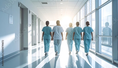 Medical professionals walking down a bright hospital corridor (484)