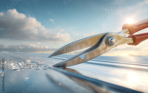 Close-up of hands cutting metal sheet with tin snips outdoors at sunset