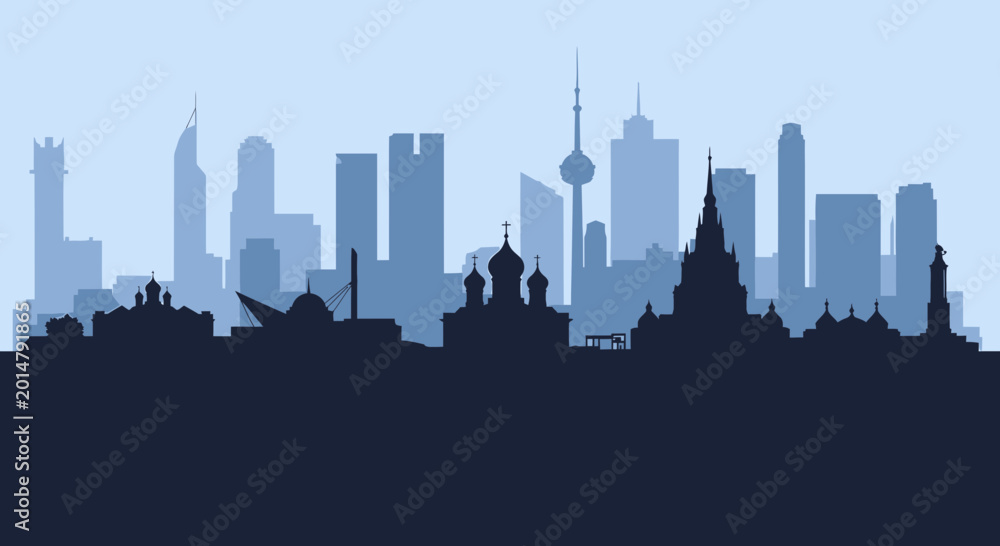 Obraz premium Moscow City Skyline Silhouette with Historic and Modern Landmarks