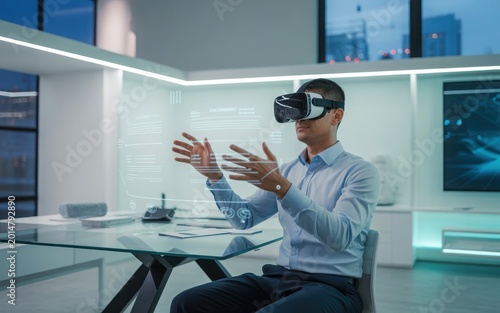 Man wearing VR headset interacting with holographic interface in modern office