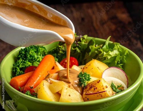 A green bowl of mixed vegetables being drizzled with sauce