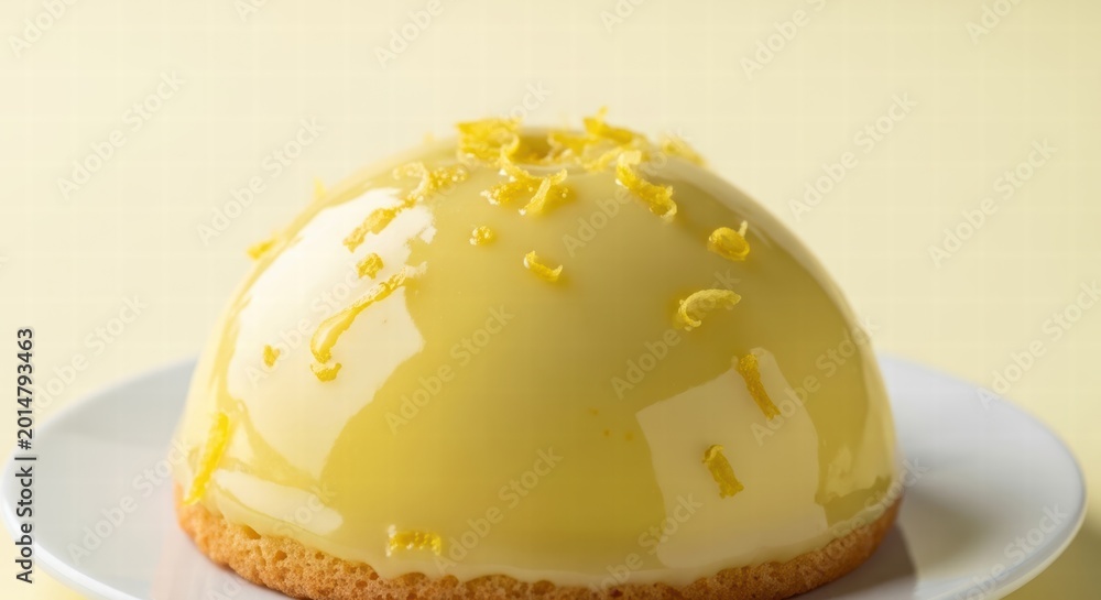 Fototapeta premium Delizia al limone, glossy dome pastry on a crisp cookie base, crowned with fresh lemon zest a refined Neapolitan citrus dessert for elegant, modern indulgence