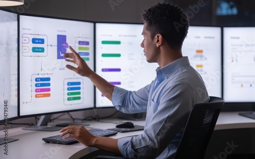 Man analyzing data on multiple computer screens in office environment