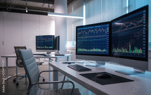 Trading workstation with multiple monitors displaying financial data in modern office
