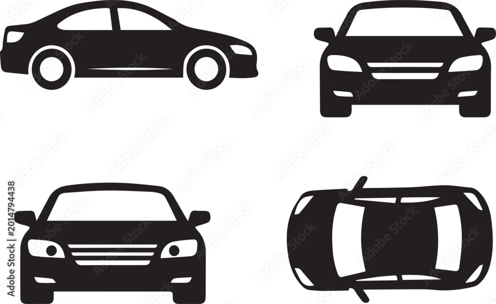 Obraz premium Modern Car Vector Icon Set Featuring Sedan Silhouettes in Side, Front, Back, and Top View Perspectives for Automotive Design, Web Development, and Transportation Industry Projects.