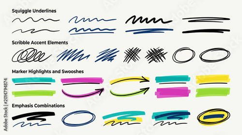 Tableau sur toile Hand Drawn Marker Strokes Scribble Accents Highlighter Swatches Vector Set Squig