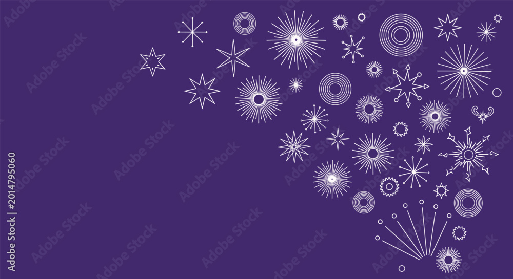 Naklejka premium Dynamic burst of white star and firework shapes arranged on a deep purple background with a modern look for holiday greeting card designs.