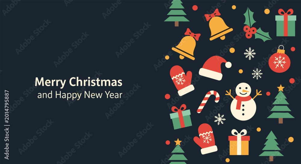Fototapeta premium Merry christmas and happy new year greeting card with festive holiday icons like snowman bells and trees on dark background.