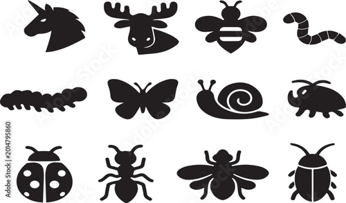 Photography Comprehensive set of black animal and insect silhouettes featuring unicorn, moose head, butterfly, bee, snail, worm, caterpillar, ladybug, ant and beetle icons for nature-themed design