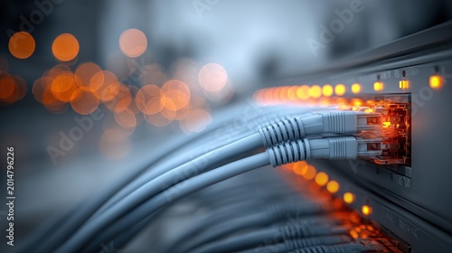 Blue ethernet cables plugged into network server switch with glowing orange indicator lights