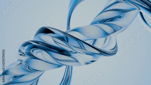 Seamless loop background with abstract twisted form made of transparent glass with blue reflections. Elegant spiral shape with glossy fluid curves and realistic refractions. Motion graphics , 4K 60fps