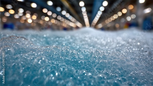 Blue soap foam and bubbles in a large industrial warehouse with bokeh lights background
