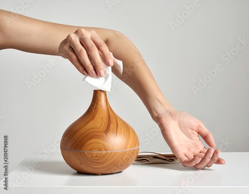 A person cleaning a wooden essential oil diffuser on a white table