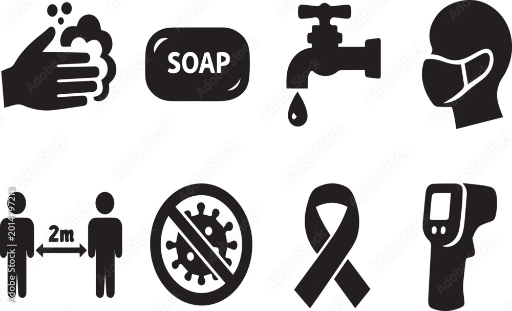 Fototapeta premium Comprehensive Collection of Hygiene and Pandemic Safety Vector Icons Featuring Hand Washing, Face Mask, Social Distancing, Thermometer, and Anti-Virus Symbols for Public Health Awareness.