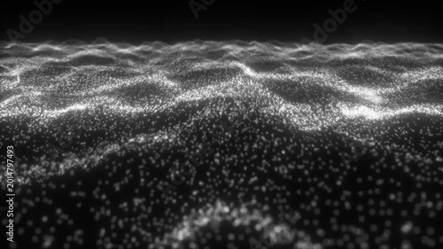 Abstract Digital Particle Waves Flowing on a Black Background - Futuristic Data Stream & Technology Concept