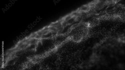 Abstract Digital Wave of Shimmering White Particles on Black Background: Ethereal Data Flow & Technological Concept