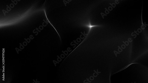 Abstract Digital Wavy Dot Grid on Black Background with Flowing Data and Network Connections