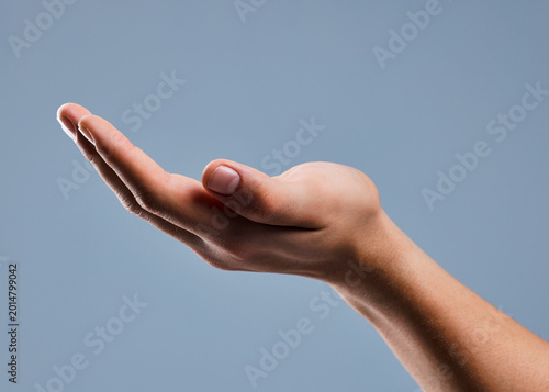 Tableau sur toile Person, hand and studio with palm for donation, begging or request on a gray background