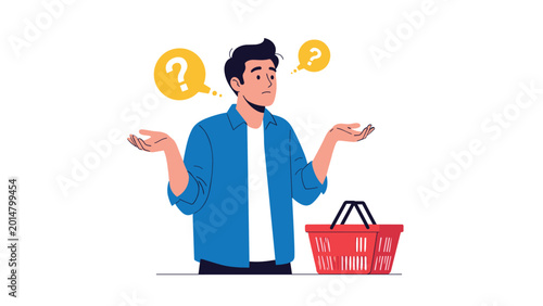 Confused male shopper holding a red basket with question marks above his head while deciding what to buy in a store.