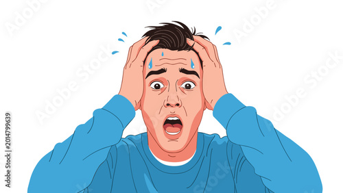 Young man looking terrified with wide eyes and open mouth holding his head in hands with sweat drops indicating stress or panic.