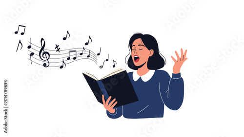 Talented woman with black hair singing loudly while holding a songbook with musical notes floating around her in the air.
