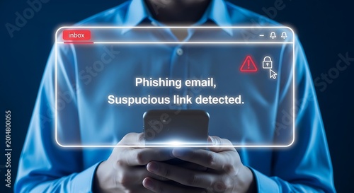 Man in blue shirt holding smartphone with phishing email alert on screen