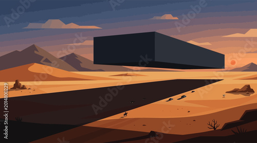 Photos Minimalist scene of a rider on horseback near a massive dark monolithic structure hovering above a desert landscape