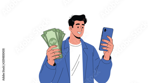 Smiling young man in a blue jacket holding a fan of dollar bills in one hand and his smartphone in the other hand.
