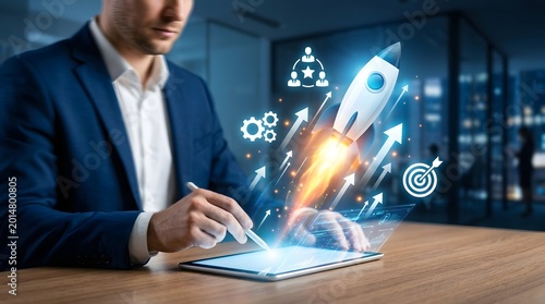 Businessman launching a digital project with a rocket on a tablet
