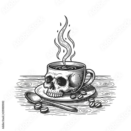 Steaming skull coffee cup illustration.