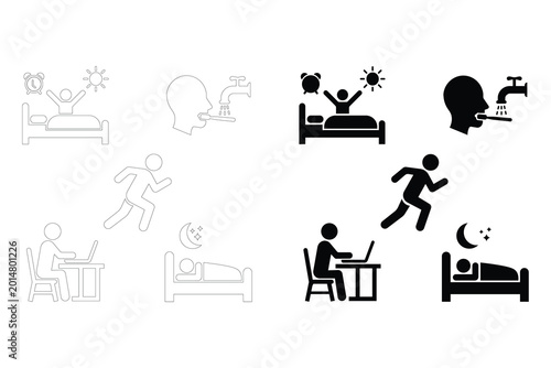 Daily Routine Human Activity Icons Set – Sleep, Wake Up, Work, Run, Brush Teeth Vector Pictograms