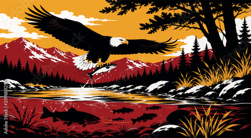 Photography Majestic Bald Eagle catching a fish over a mountain river at sunset, a stunning vector illustration of North American wilderness, wildlife nature scene with snow-capped peaks and forest
