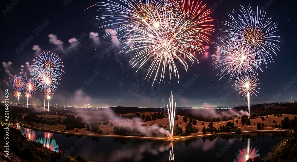Obraz premium Colorful fireworks display over water at night with dramatic lighting