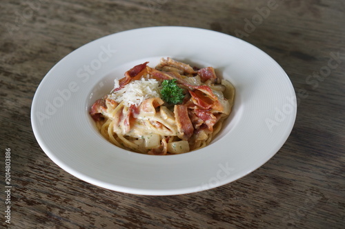 A top-down view of a delicious plate of carbonara pasta