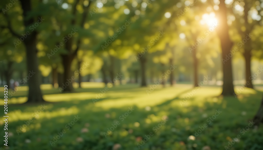 Obraz premium Sunlit park scene with trees and grass, warm light filtering through leaves sunlight