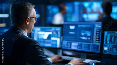 Faceless cybersecurity expert analyzing network security alerts on multiple screens in a dark monitoring environment. Defocused background. Security alerts analysis, network
