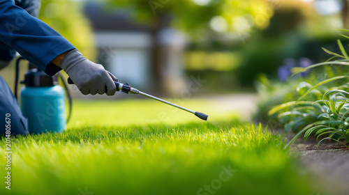 Faceless professional pest control expert treating a vibrant lawn for effective pest management solutions in a residential or commercial setting. Defocused lawn background. Pest