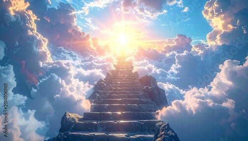A majestic staircase ascends through clouds towards a radiant sun