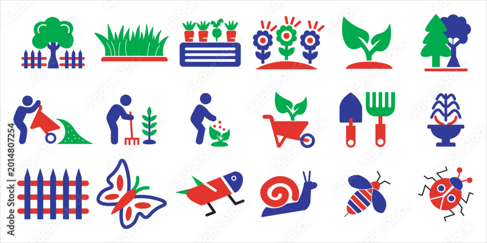 Fototapeta premium garden iconset bundle. plant, gardening, nature, leaf, sprout, seed, flower, tree and more. simple flat colored vector