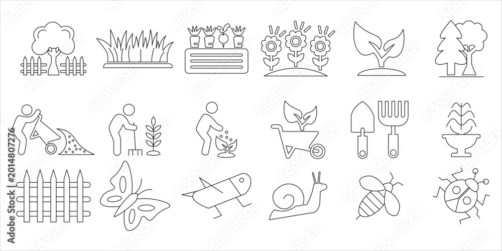 Fototapeta premium garden iconset bundle. plant, gardening, nature, leaf, sprout, seed, flower, tree and more. simple flat line vector